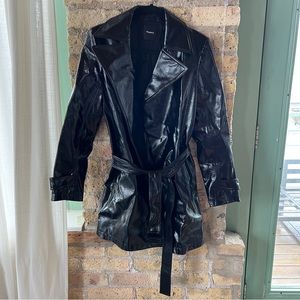 Theory black faux patent leather trench coat jacket